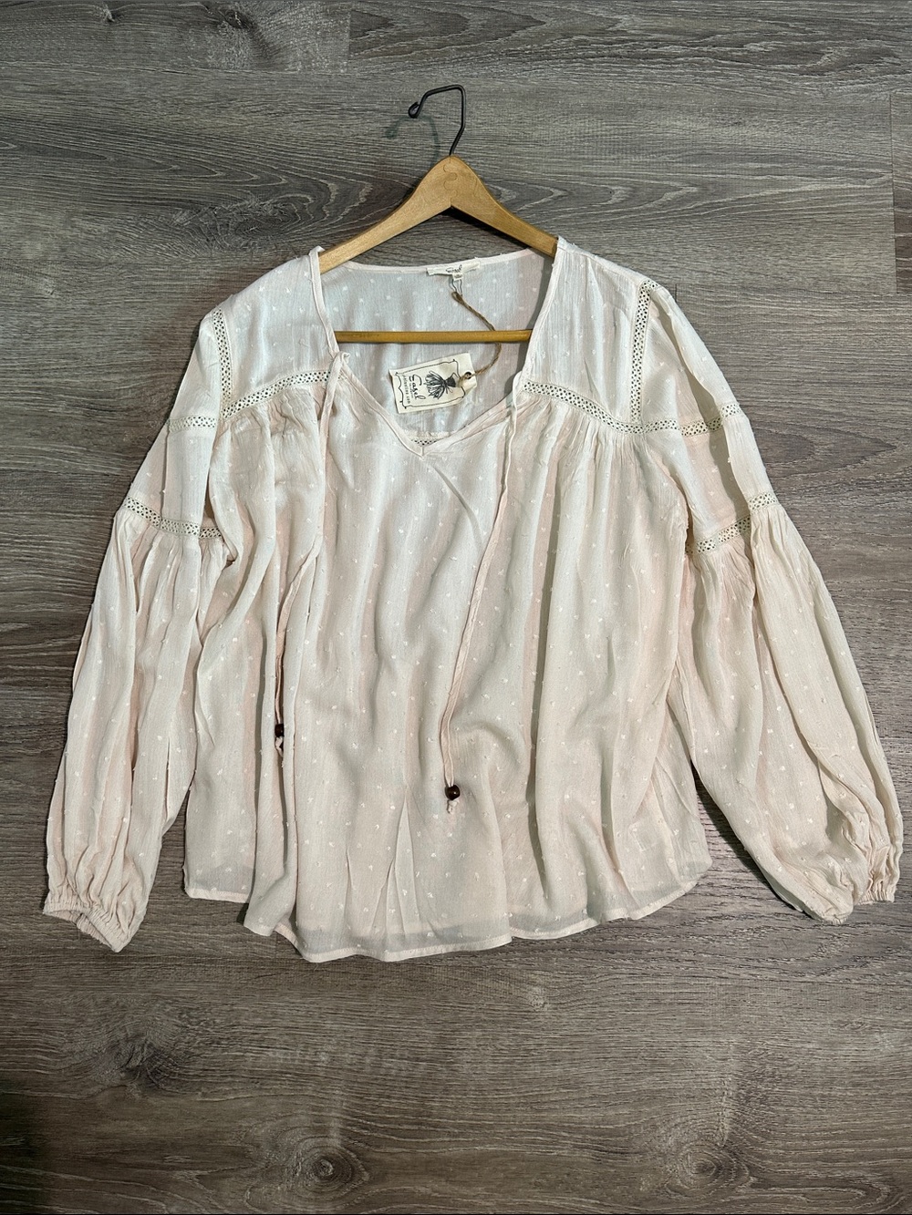 easel Ivory Color Peasant Tunic with Lace Insets Gathered Detail Textured